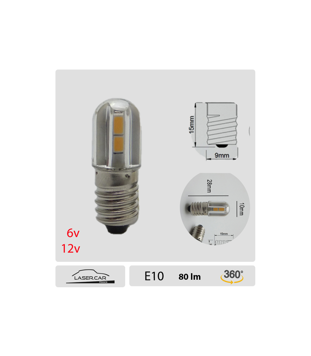 Ampoule E10 A 4 LED 12V 12Vcc 12Vca 1W 100 Lumen pour Vélo Torches