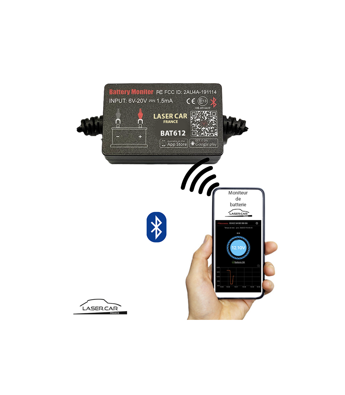 KYYKA Moniteur de batterie automatique Ⅱ Testeur de batterie 12V Bluetooth  4.0 Testeur de batterie sans fil Chargeur Analyseur de diagnostic Moniteur  pour Android et iOS (Noir) : : Auto et Moto